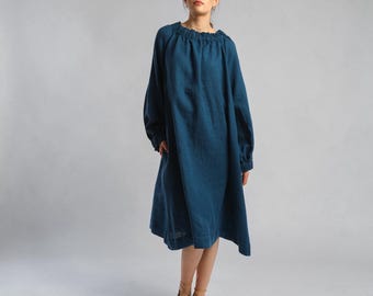 ARIEL Ariel Linen Midi Dress with Gathered Neckline - Made to Order