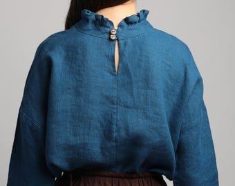 JOAN Ruffle Neck Linen Blouse - Boxy Long Sleeve Shirt Made to Order