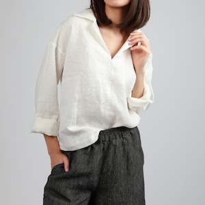 NOVA Relaxed Buttonless Linen Shirt with Split Collar, Boyfriend Linen Shirt, Loose Classic Top for Women, KNOTIUM Fall Linen Clothing image 2