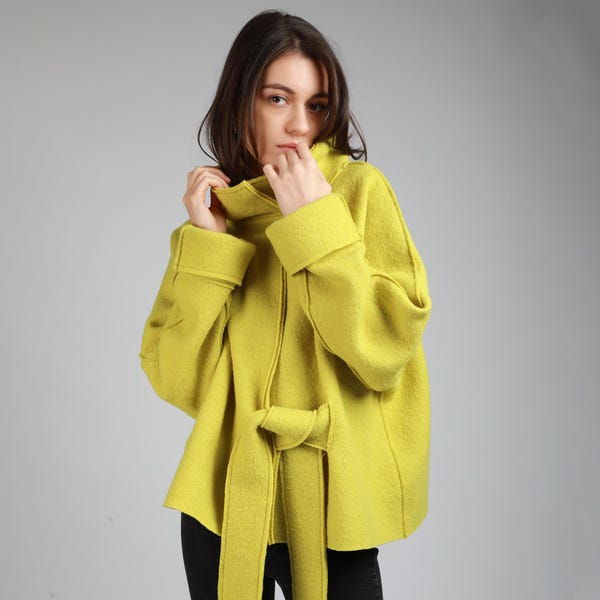 MAUD Oversized Unlined Boiled Wool Coatigan with Belt, Minimalist Fall/Spring Pullover, Funnel Neck Jacket, Japanese Inspired Kimono Coat