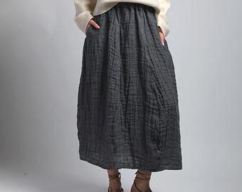 FLOWER Maxi Heavy Linen Flared Skirt, Thick Textured Bubble Skirt, Custom Made Clothing, Minimalist Full Volume Fall Winter Skirt