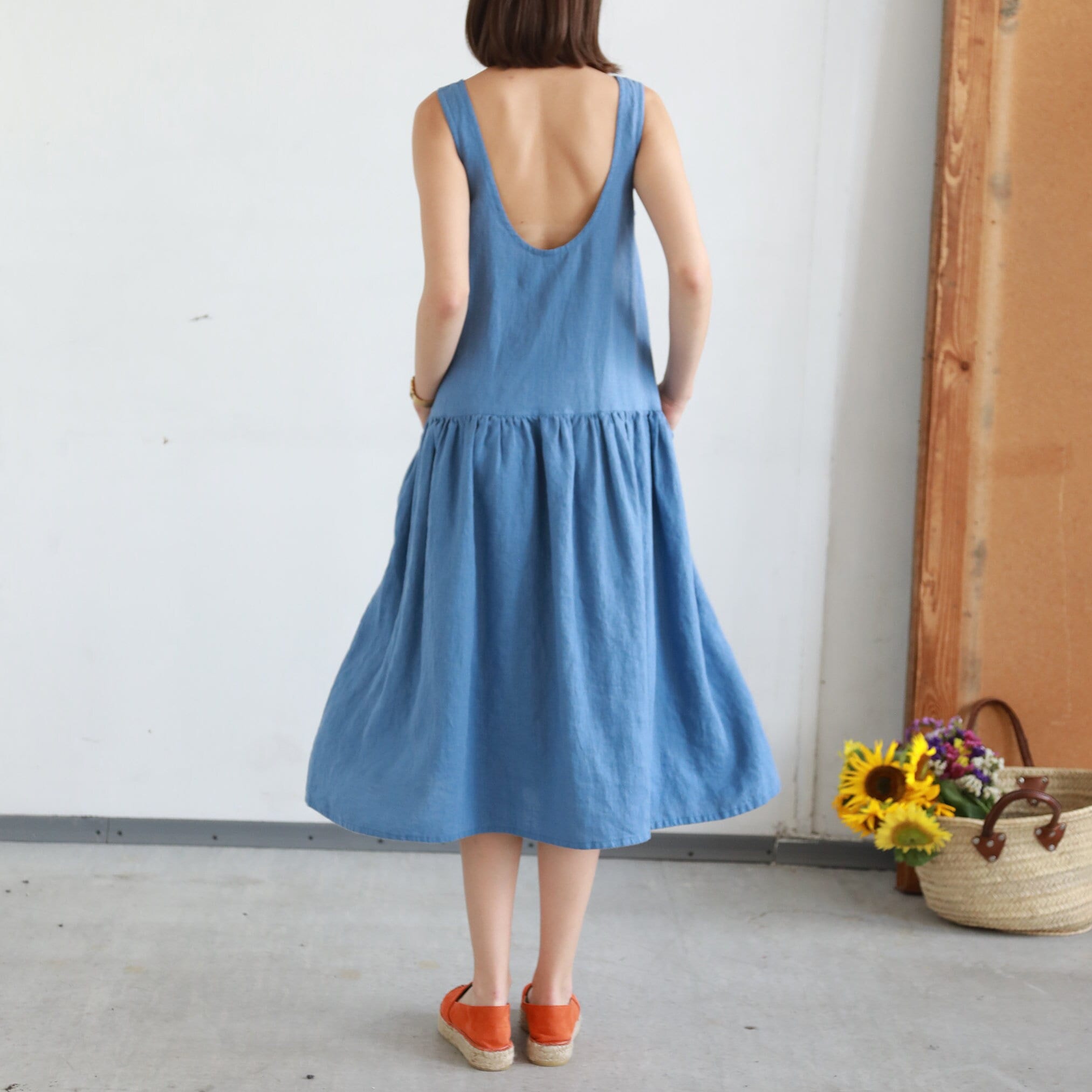 Oasis Midi Loose Smock Linen Dress, Sleeveless Summer Flax Dresses, Oversized Dress With Pockets, Minimalist