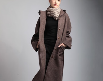 EDEN Boiled Wool Coat, Midi Hooded Woolen Jacket, Handmade Oversized Minimalist Unlined Coat Women
