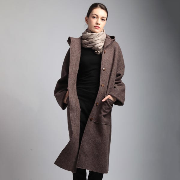 EDEN Boiled Wool Coat, Midi Hooded Woolen Jacket, Handmade Oversized Minimalist Unlined Coat Women
