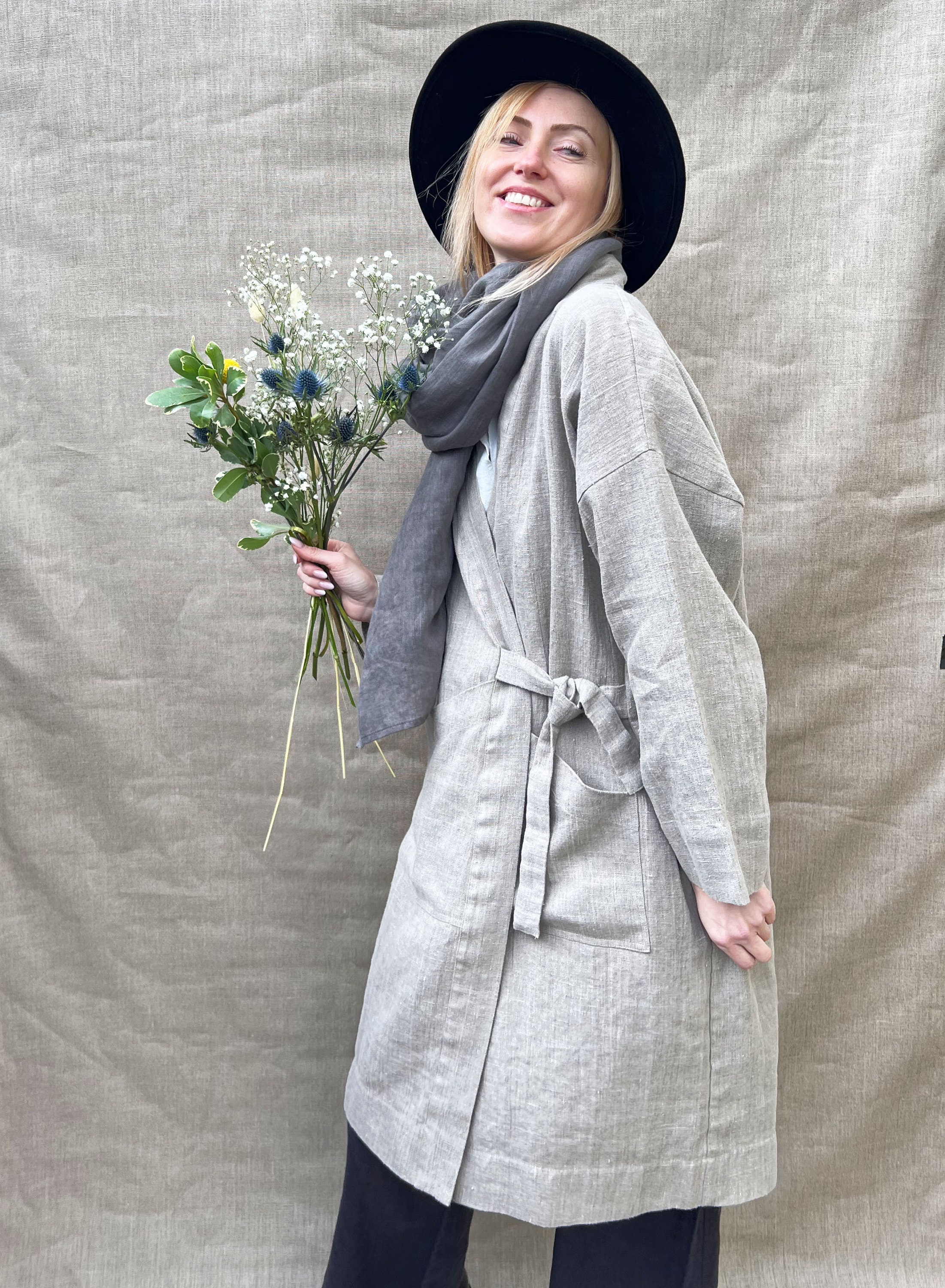 小物 NIMNIMDUAI THICK LINEN SOLID 9 KIM Heavy Linen Kimono Coat, Women Linen Duster Coat, Loose