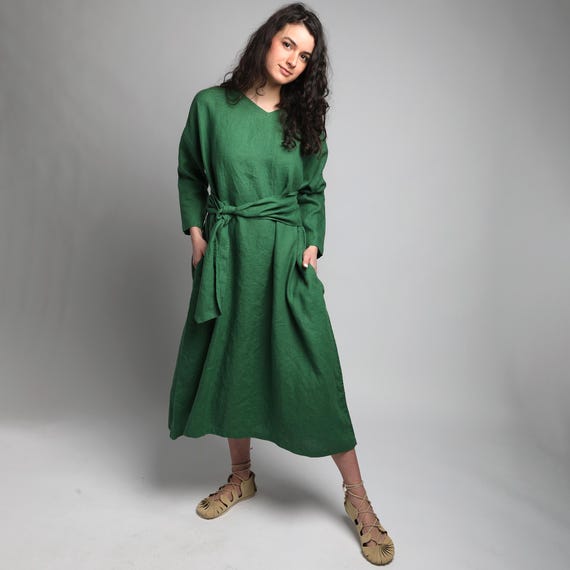 Linen Kaftan Dress With Belt: Long Tunic, Emerald Green