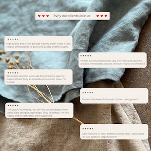 Puede incluir: Imagen que presenta testimonios de clientes sobre un fondo de tela de lino azul claro. El texto incluye frases como "Por qu&eacute; nuestros clientes nos aman" y comentarios positivos sobre la calidad y el servicio. Los testimonios est&aacute;n en cajas blancas.
