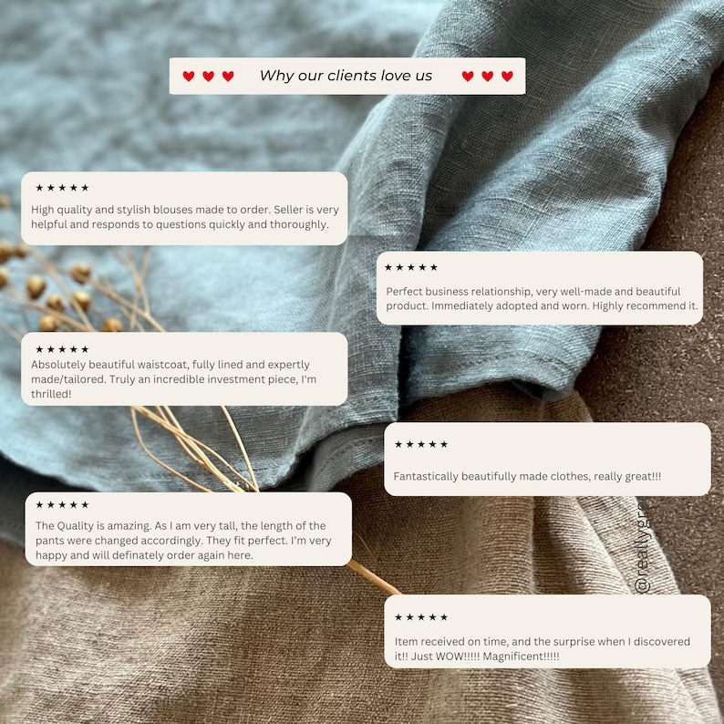 Puede incluir: Imagen que presenta testimonios de clientes sobre un fondo de tela de lino azul claro. El texto incluye frases como "Por qu&eacute; nuestros clientes nos aman" y comentarios positivos sobre la calidad y el servicio. Los testimonios est&aacute;n en cajas blancas.