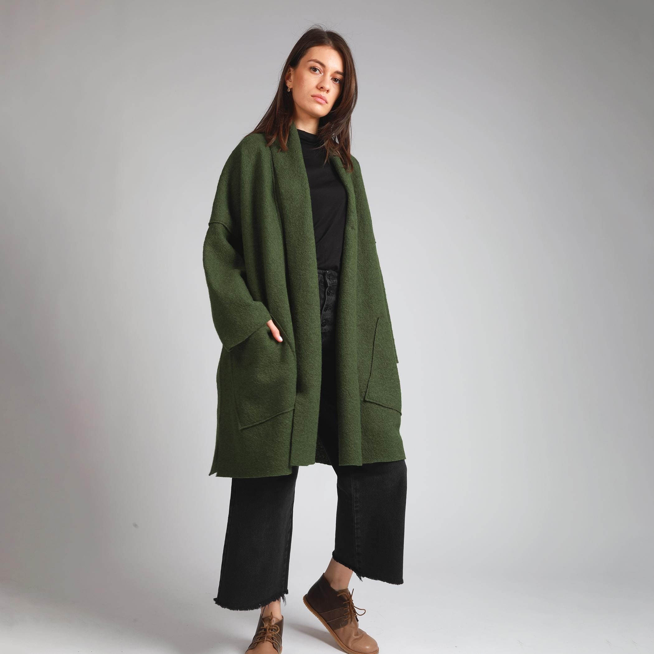 ELLA Oversized Boiled Wool Coatigan Jacket with Patch Pockets, Minimalist Woolen Outerwear, Loose Knee Length Spring Coat, Womens Clothing