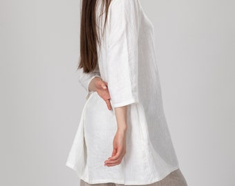 Raglan Linen Tunic with Side Pockets | White Short Linen Dress | Loose Linen Tunic | Flared Mini Dress with Pockets