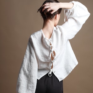 YELLO Puff Sleeve Cropped Linen Shirt, Victorian Blouse, Minimalist Linen Top, Handmade Linen Clothing for Women