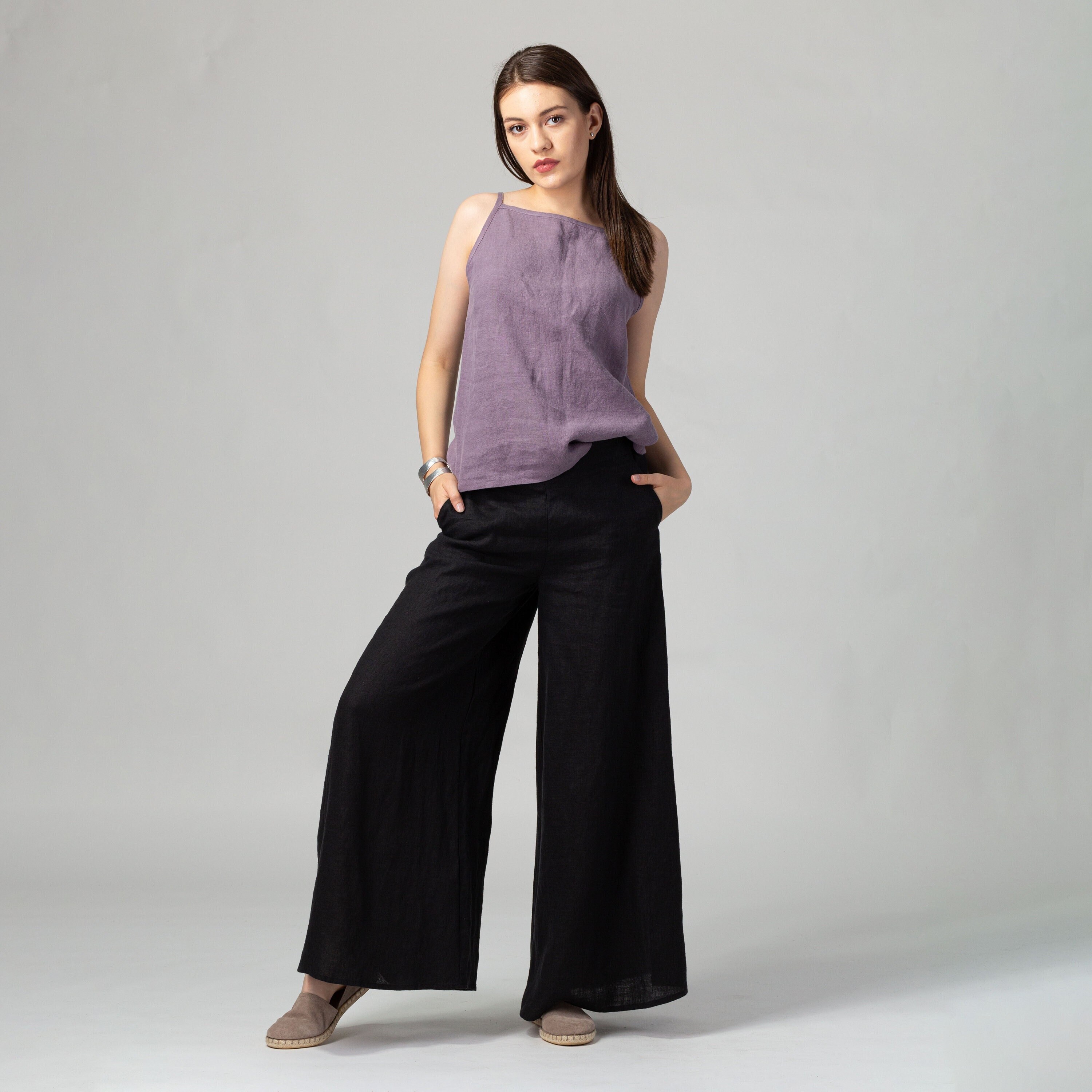 Black Wide Linen Pants | Shift Linen Pants | Black Palazzo Pants | Long Linen Culottes | Linen Cocktail Pants | Minimalist Clothing