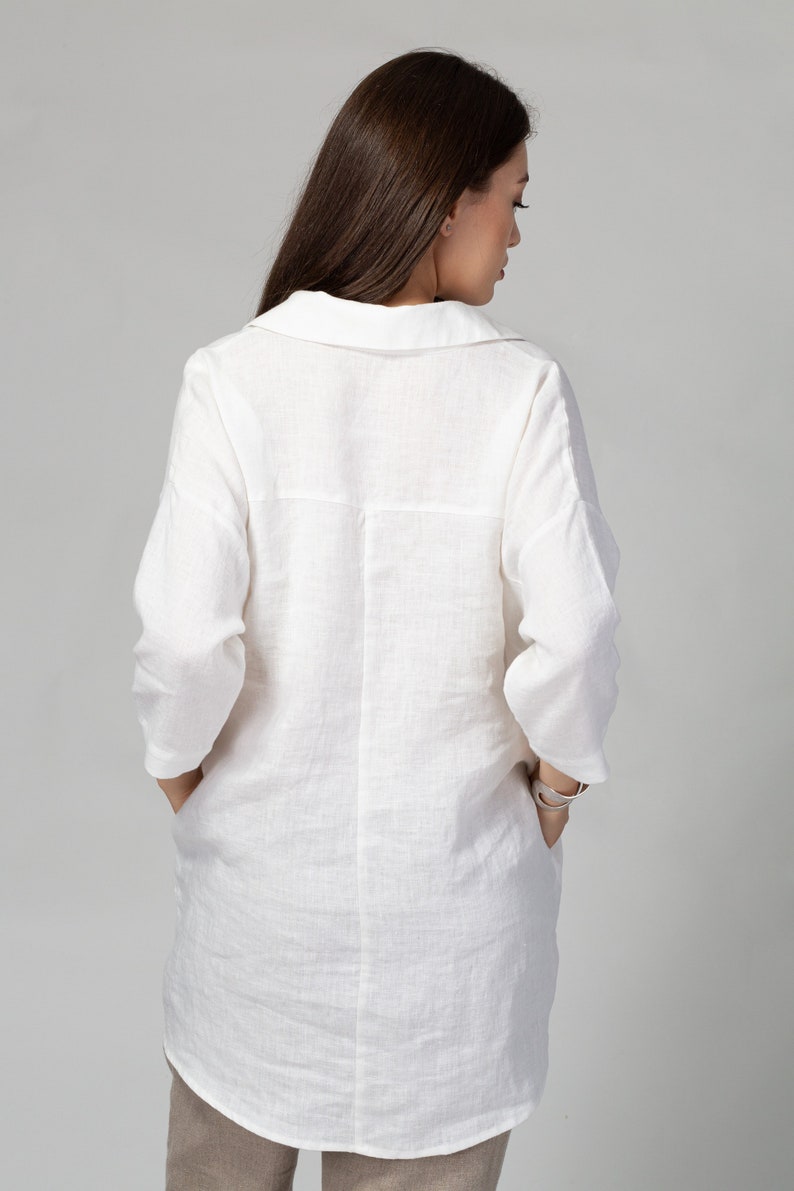White Loose Linen Tunic With Side Pockets Linen Tunic Shirt - Etsy