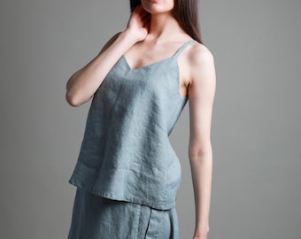 Losse linnen tanktop met V-hals, linnen cami-top, linnen hemdshirt, handgemaakte linnen kleding voor vrouwen