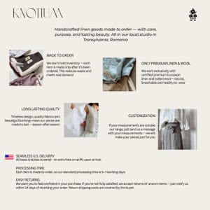 Puede incluir: Gr&aacute;fico color crema con el nombre de la marca "KNOTIUM" y texto que describe productos de lino hechos a mano por encargo. Incluye im&aacute;genes de telas de lino y lana, e informaci&oacute;n sobre el proceso de la marca.