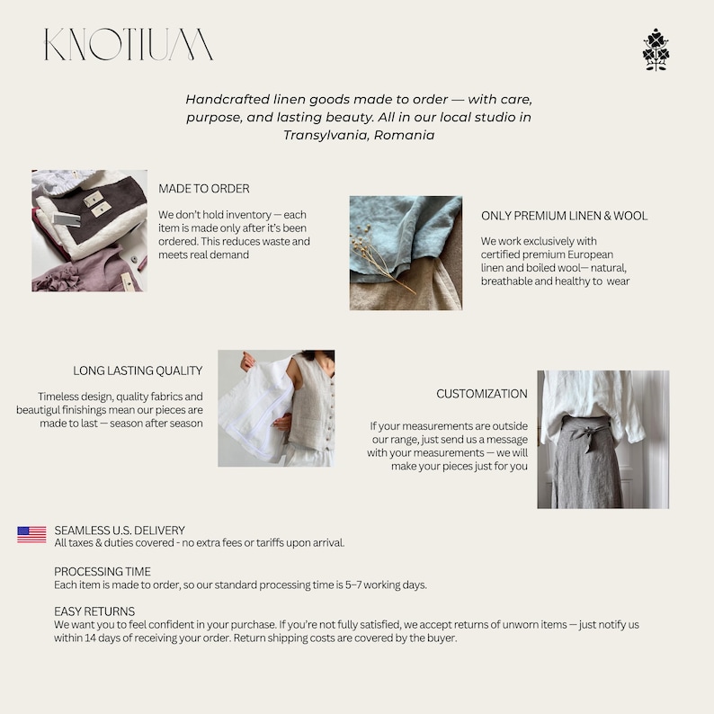 Puede incluir: Gr&aacute;fico color crema con el nombre de la marca "KNOTIUM" y texto que describe productos de lino hechos a mano por encargo. Incluye im&aacute;genes de telas de lino y lana, e informaci&oacute;n sobre el proceso de la marca.