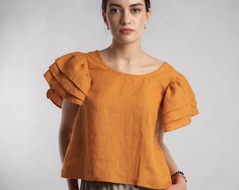 LISETTE Cropped Linen Blouse with Ruffle Sleeves