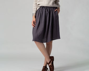 READY TO SHIP Dark Gray Linen Gathered Skirt, Spring Linen Skirt, Wide Linen Skirt, Linen Skirt with Pockets, Skater Skirt