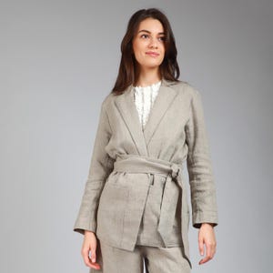 Buttonless Loose Linen Blazer HER with Belt and Pockets, KNOTIUM Clothing