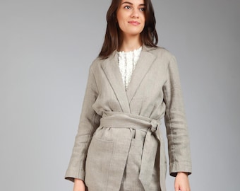 Buttonless Loose Linen Blazer HER with Belt and Pockets, KNOTIUM Clothing