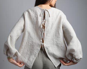 YELLO Linen Blouse – OEKO-TEX Certified Medium Weight, Balloon Sleeve Top with Tie Back, Handmade Sustainable Minimalist Women's Clothing