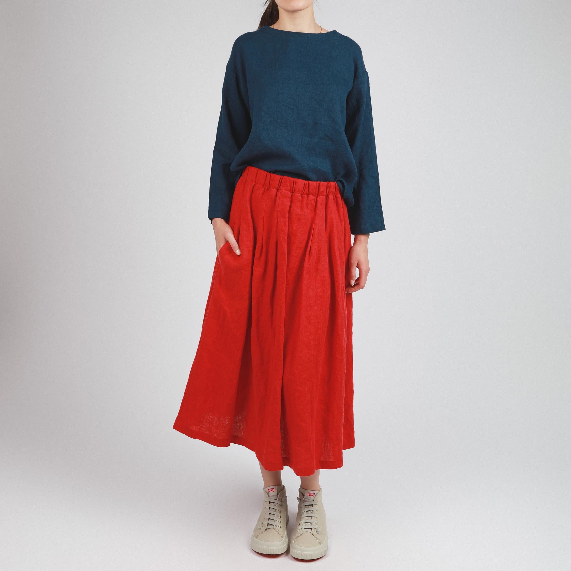 MIMI Pleated Swing Linen Skirt, Gathered Linen Skirt with Pockets, Midi Skirt, Handmade Skirt, High Waist A-Line Skirt, Linen Clothing