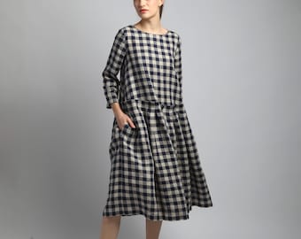 TIA Midi Linen Dress with Soft Pleats and Long Sleeves - Made to Order