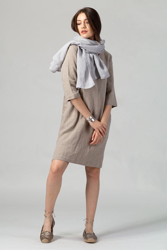 Linen Dress With Pockets Split Neck Dress Linen Dress With 3/4 Sleeve linen  Gray Dress Linen Shift Dress 