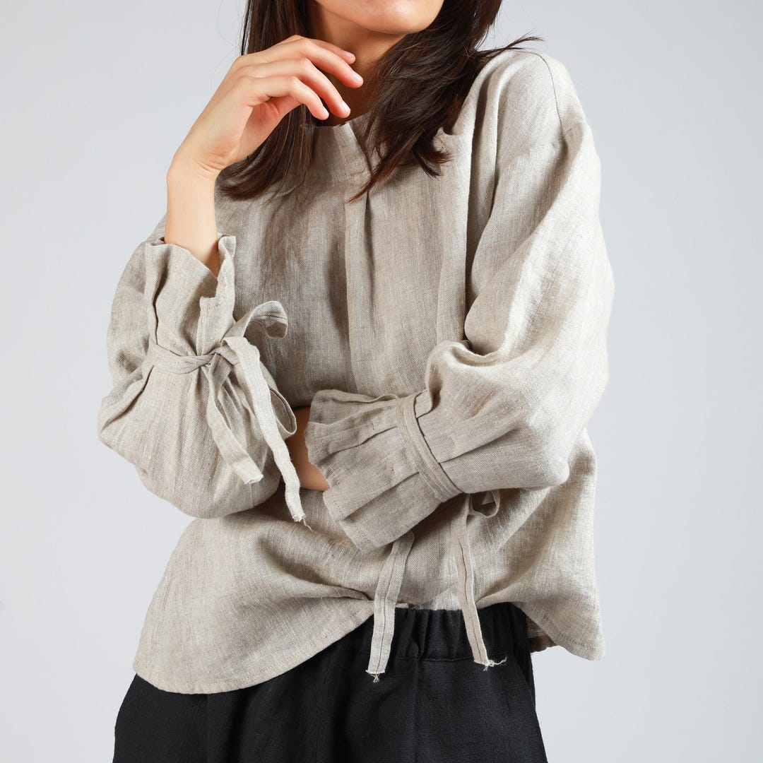 Artistic Gray Patchwork Linen Shirt With Flare Sleeves And Wrap Front Style For Elegant Look main image 0