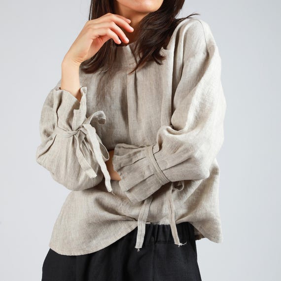 YARA Loose Linen Shirt with Neck Pleats and Sleeve Ties, Romantic Cottage Core Top, Handmade Linen Clothing, Victorian Style Linen Blouse