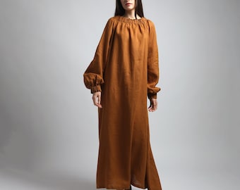ARIEL Voluminous Maxi Linen Dress with Baloon Sleeves - Made to Order