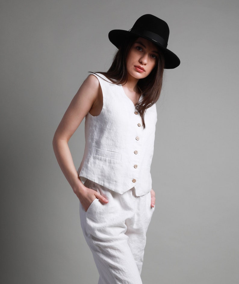 Loose Fit Linen Waistcoat EVE for Women with Adjustable Back Ties, KNOTIUM Linen Clothing image 1