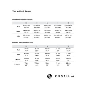 May include: Size chart for a V-neck dress with measurements in inches and centimetres. The chart shows bust, waist, hips, hem, length, and sleeve length for sizes XS, S, M, L, and XL.