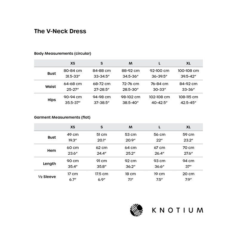 May include: Size chart for a V-neck dress with measurements in inches and centimetres. The chart shows bust, waist, hips, hem, length, and sleeve length for sizes XS, S, M, L, and XL.