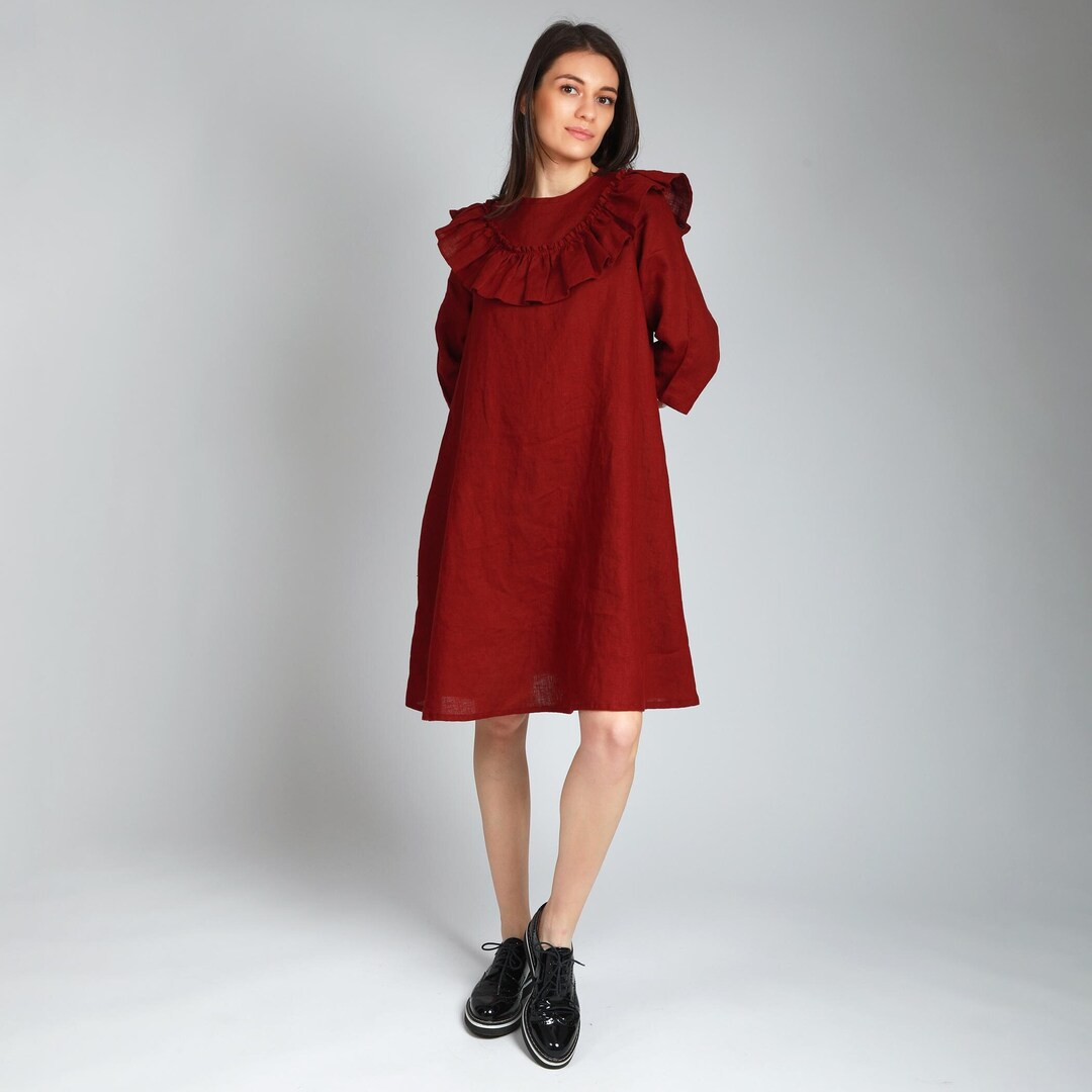 LINEN RUFFLE MID DRESS