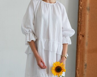 INA Peasant Style Midi Linen Dress with Ruffles and Voluminous Sleeves, Cottagecore Dress, Fall Clothing