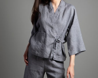 Elegant Light Kimono Style Linen Jacket OONA - Available in Multiple Colors - Handmade Fall Clothing Women