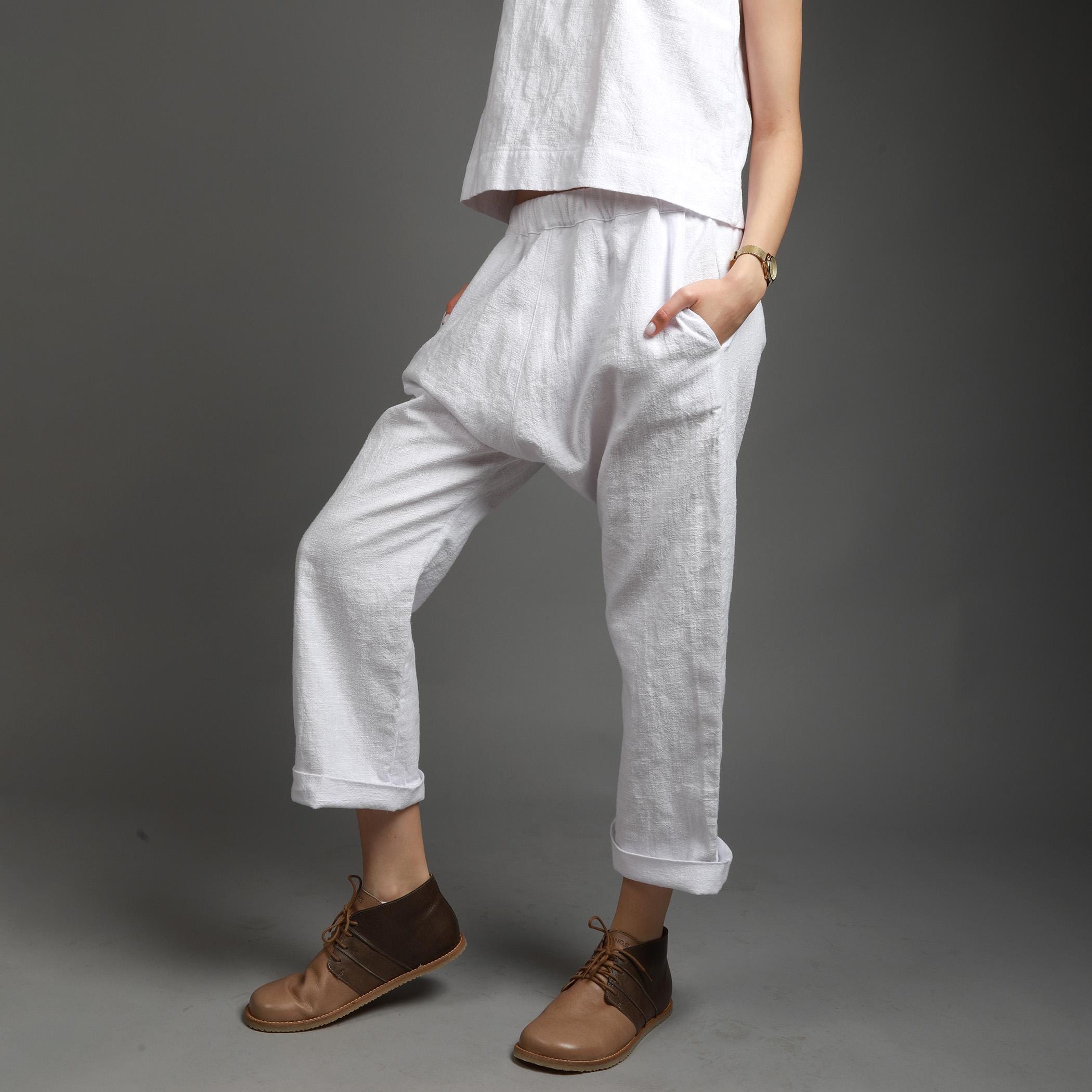 YUNA Drop Crotch Relaxed Cropped Linen Pants with Pockets, Loose Linen Trousers, Casual Elegant Linen Clothing for Women, Knotium Clothing