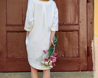 JULIA Linen Oversized Tunic with Pockets | Relaxed Short Linen Autumn Dress with Side Slits | Boxy Linen Shirt Dress