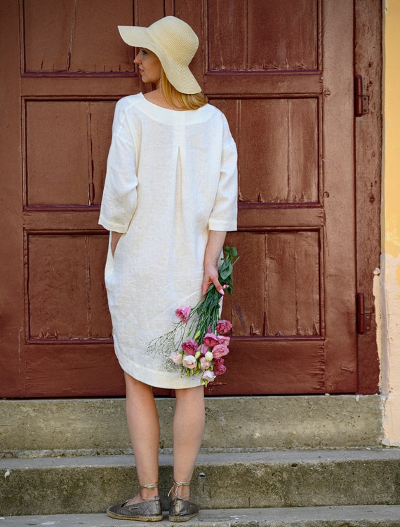 chinese dress ladies Boxy Linen Midi Dress in Storm – La Sienne