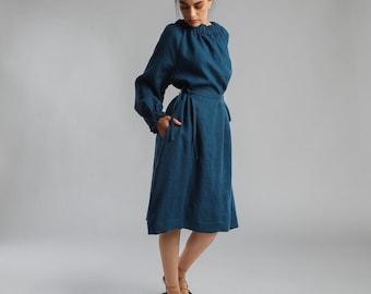 ARIEL Ariel Linen Midi Dress with Gathered Neckline - Made to Order
