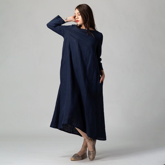 ESME Spring Linen Women Long Dress Indigo Long Minimalist Tunic