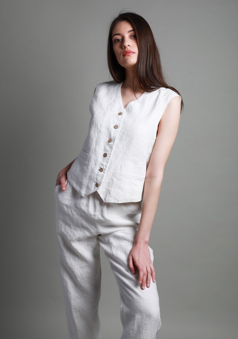 Loose Fit Linen Waistcoat EVE for Women with Adjustable Back Ties, KNOTIUM Linen Clothing image 2