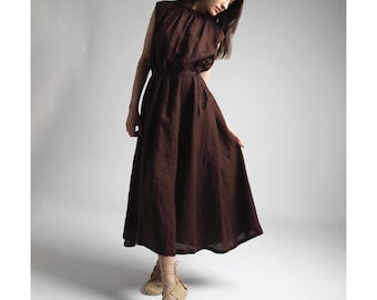 VIVA MAXI Flared Linen Dress with Gathered Neck, Smock Shirred Neck Dress, Linen Apparel, Wedding Guest Dress, Maternity Dress