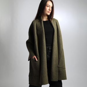ELLA Oversized Boiled Wool Coat Jacket with Large Patch Pockets, Minimalist Woolen Outerwear