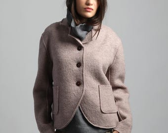 QUINN Boiled Wool Blazer, OEKO-TEX Certified Cropped Wool Jacket Women, Sustainable Minimalist Short Coat, Handmade Winter Outerwear