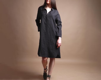 Ready To Ship, Size S, Color Red Grapefruit - JACKIE Knee Length Linen Shirt Dress with Pockets, Fall Linen Tunic Dress