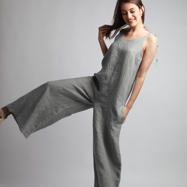 NAOMI Maxi Loose Linen Jumpsuit mit verstellbaren Bindegurten, handgefertigte Knotium Leinenkleidung