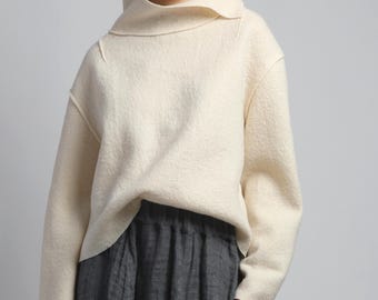 ALICE Boiled Wool Pullover Women, Heavy Winter Sweater, Funnel Neck Top, Minimalist Structured Wool Jumper