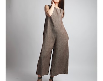 FREE Oversized Sleeveless Linen Jumpsuit with Side Pockets, Knotium Clothing, Wide Leg Linen Overalls
